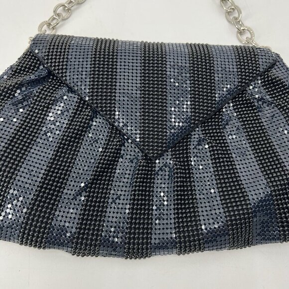 BCBGMAXAZRIA Black Navy Striped Mesh Shoulder Bag Chain Strap Evening Party HOCO - Picture 2 of 13
